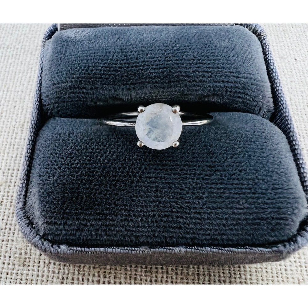 Sterling Silver Round Faceted Moonstone Solitaire Ring Minimalist Band Size 7